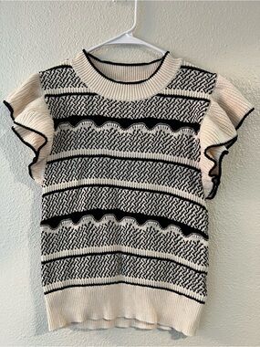 Another Love Cream and Black Ruffle Sleeve Knit Top